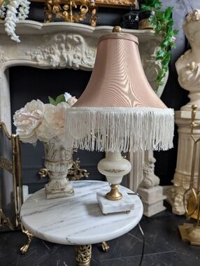 Vintage Porcelain Frederick Cooper Table Lamp, gold details, marble base, fringe